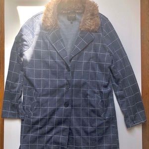 Faux fur collar grey trench coat